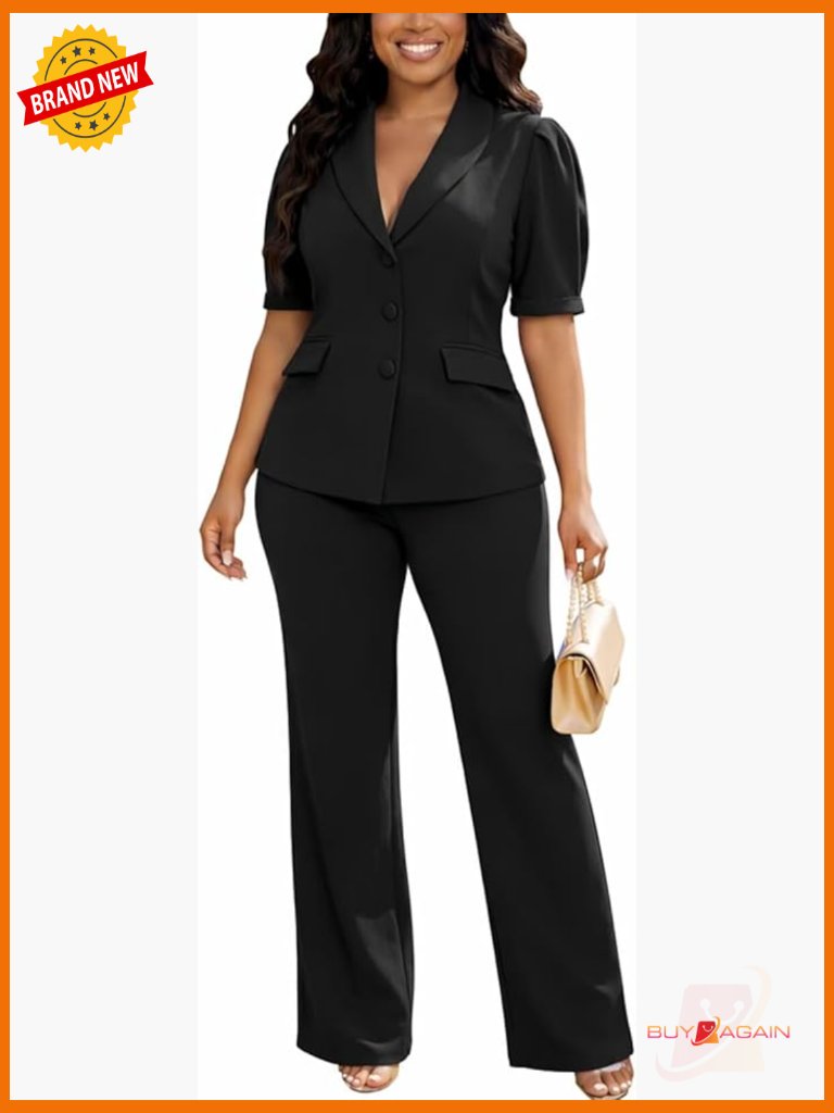 Dressy Short Sleeve Blazer Suit 2 Piece Set Business Casual Pantsuit